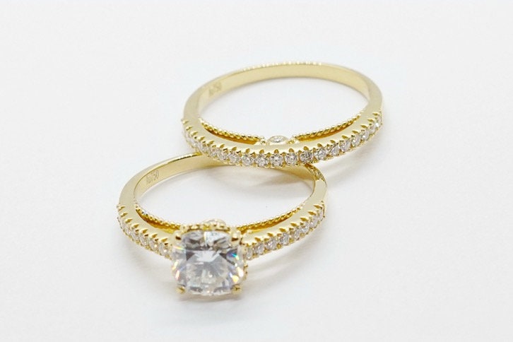 14k yellow gold moissanite and diamond ring set, Art Deco diamond ring setting