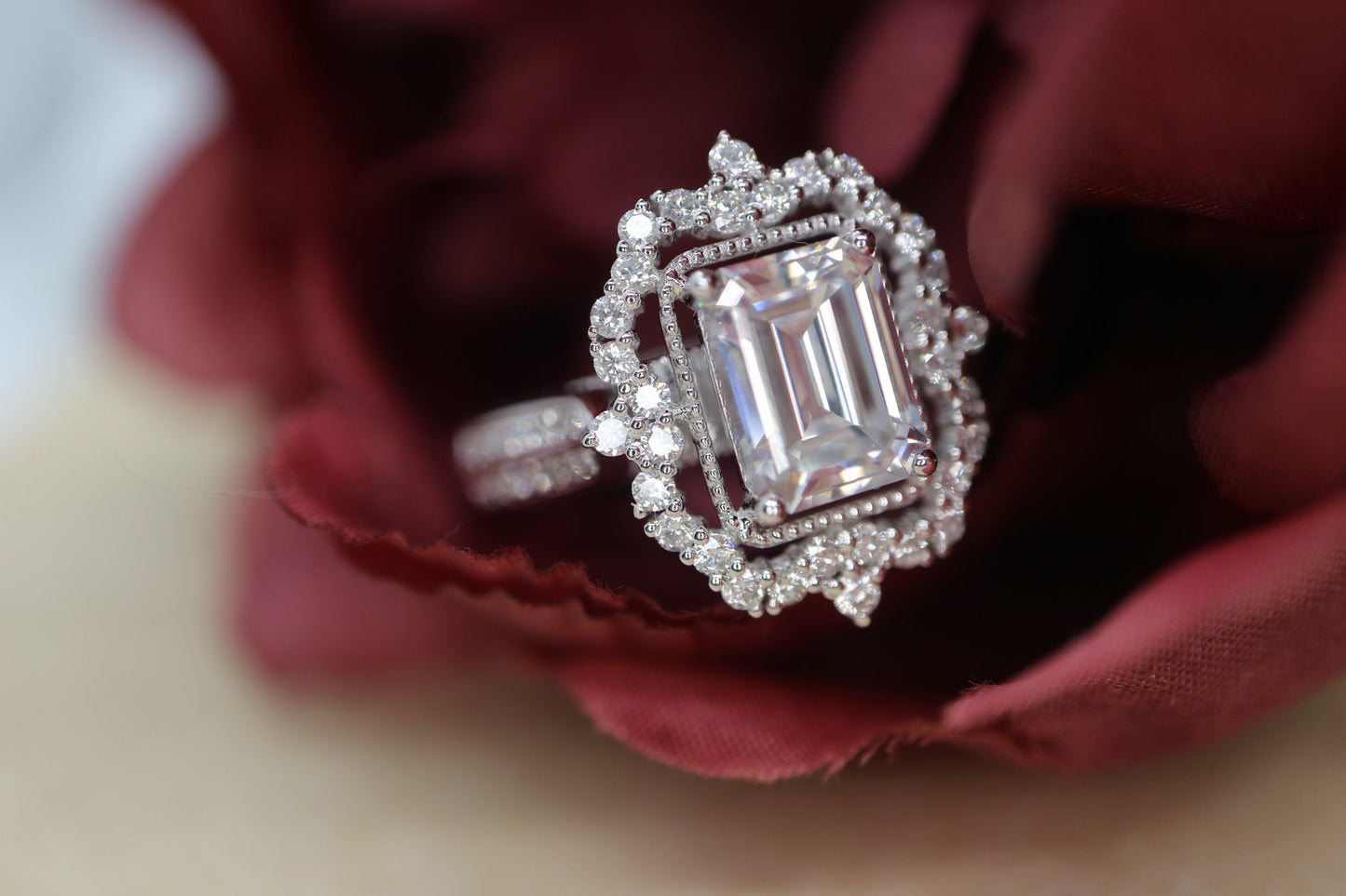 2CT Emerald cut moissanite engagement ring, 14k solid white gold halo vintage women engagement ring, with natural diamond wedding ring