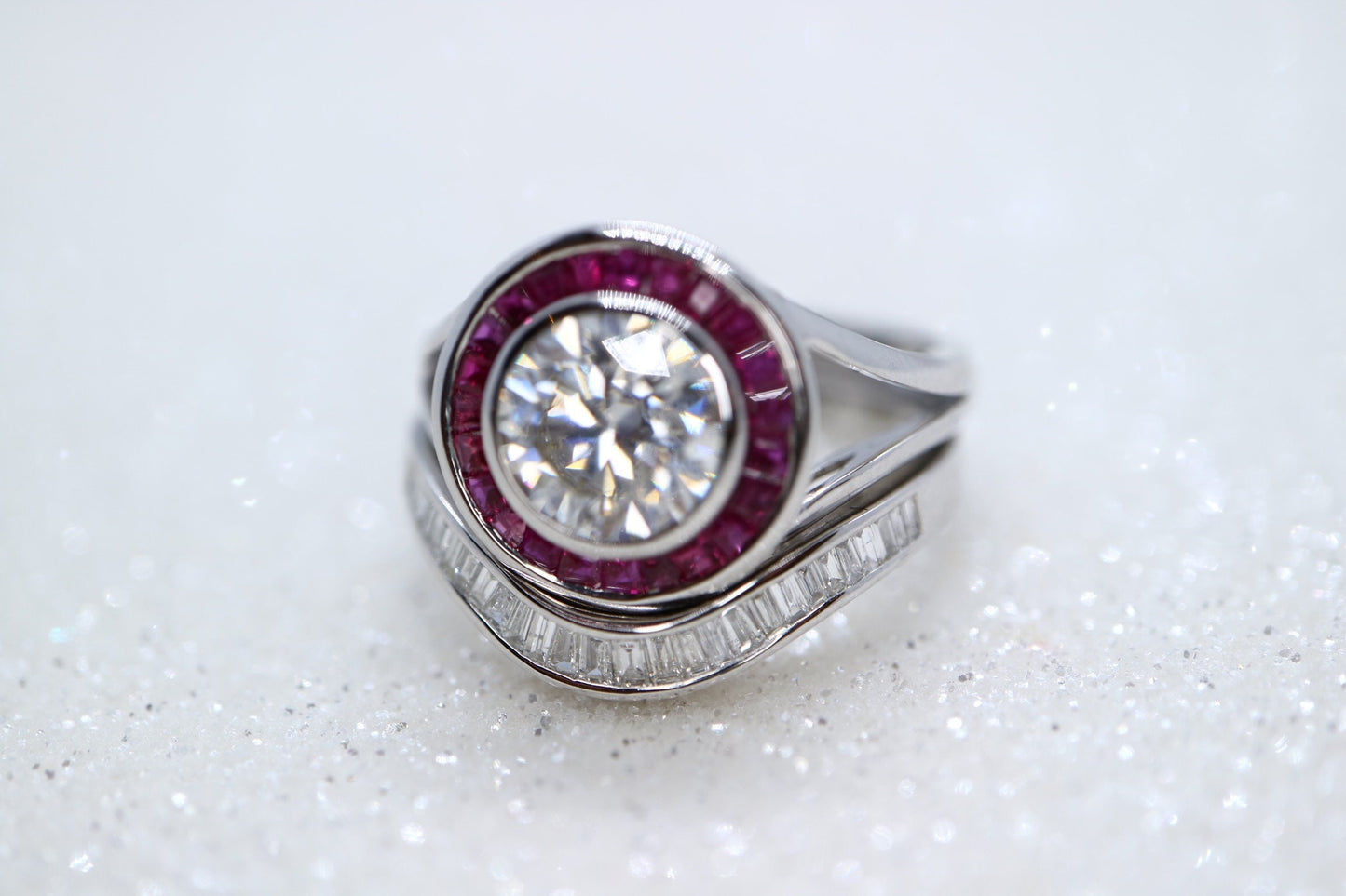 14k white gold with halo natural ruby, 1.5ct Moissanite Engagement Ring, natural diamond wedding band