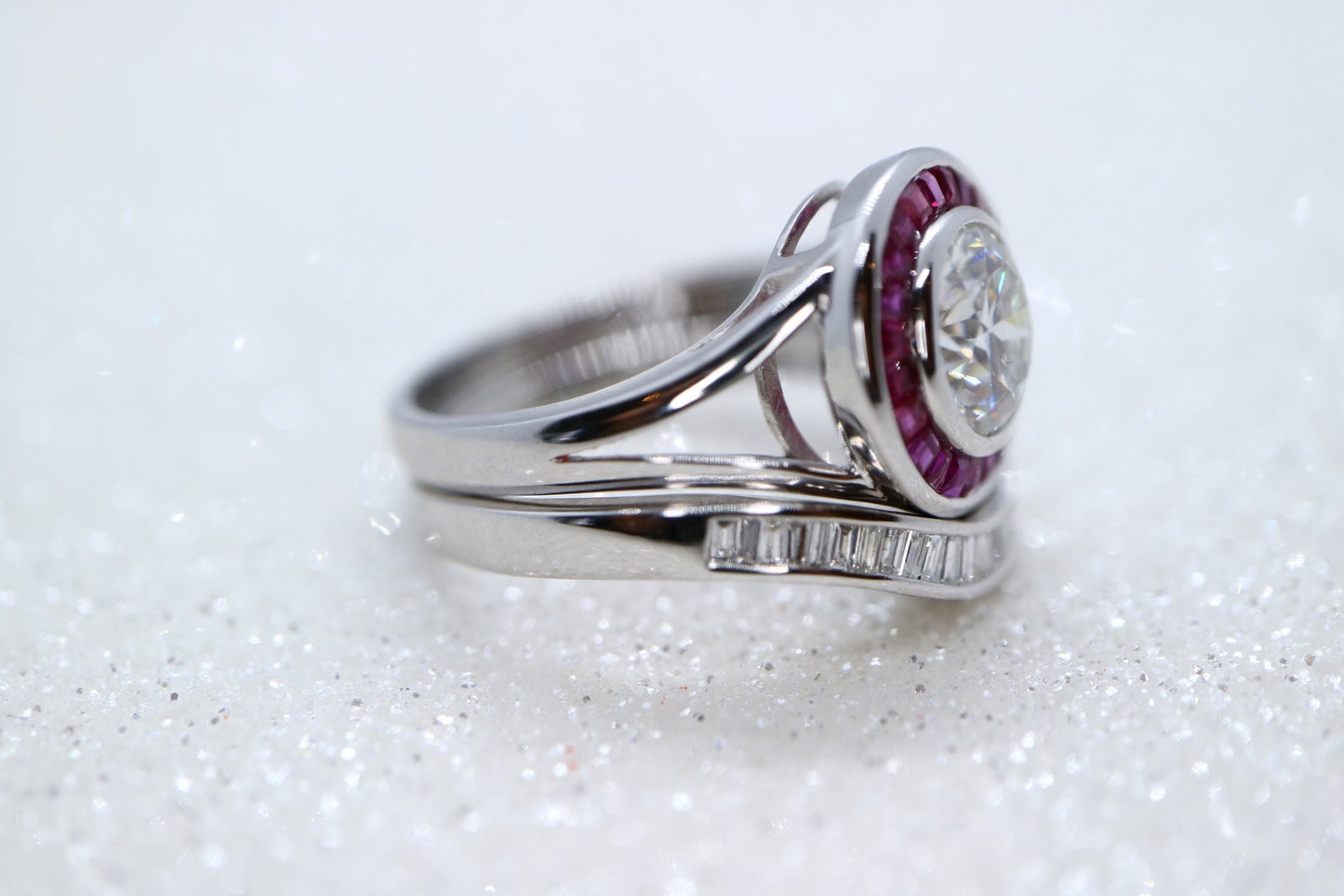 14k white gold with halo natural ruby, 1.5ct Moissanite Engagement Ring, natural diamond wedding band