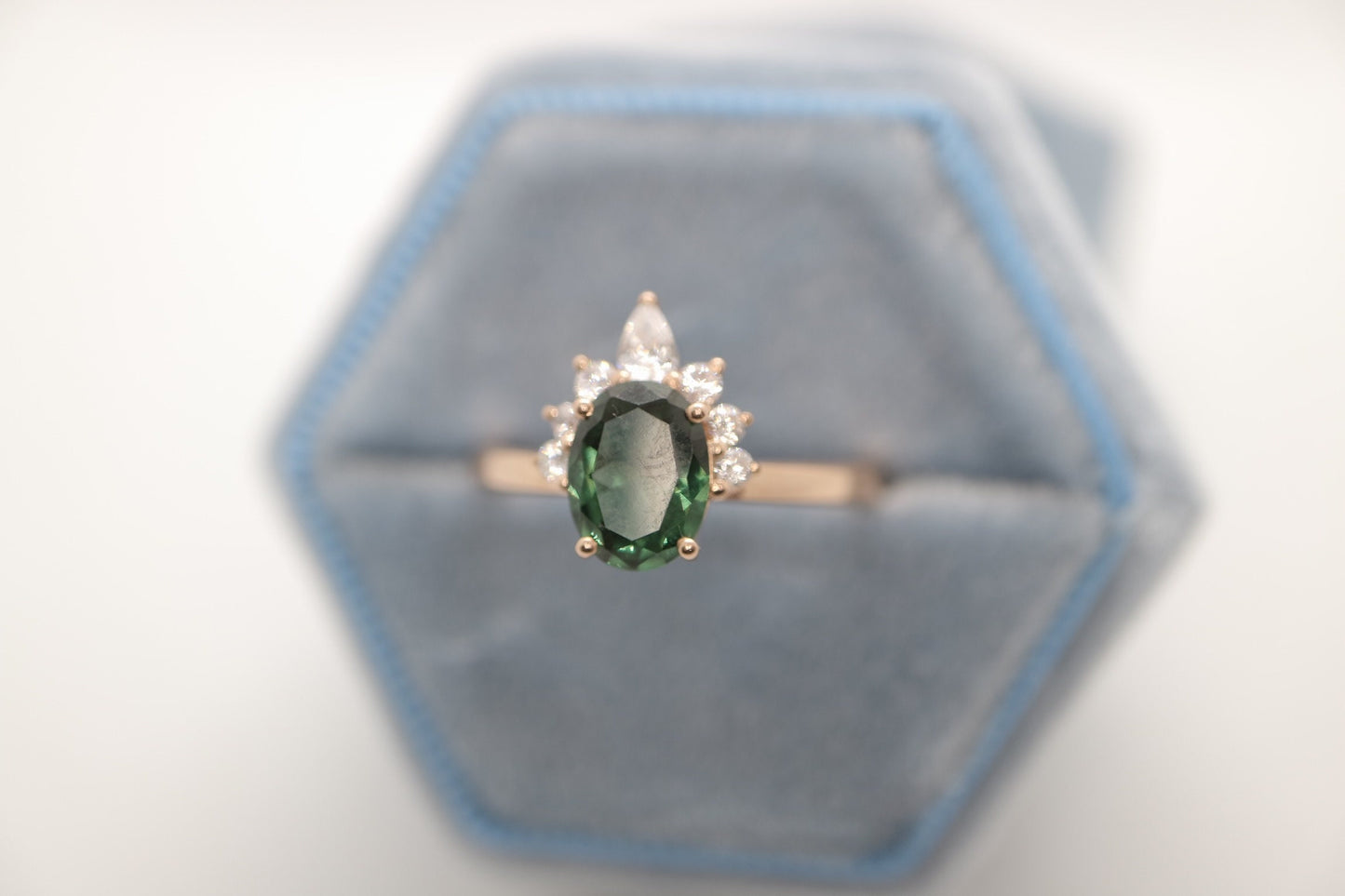 Oval sapphire engagement ring, Green sapphire diamond ring, Rose gold sapphire ring with diamond crown