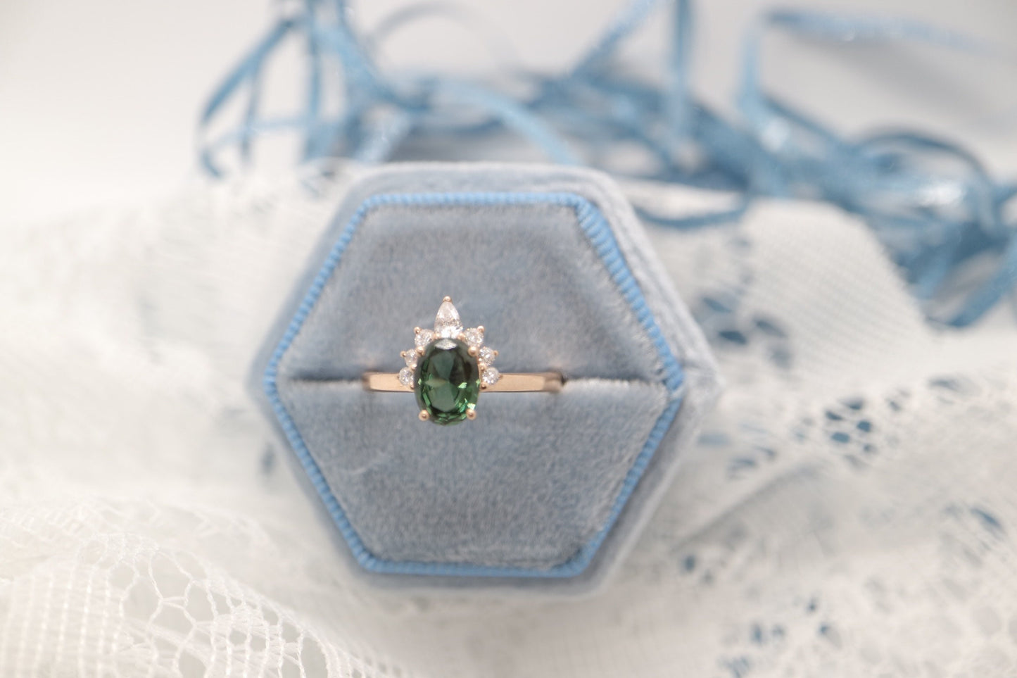 Oval sapphire engagement ring, Green sapphire diamond ring, Rose gold sapphire ring with diamond crown