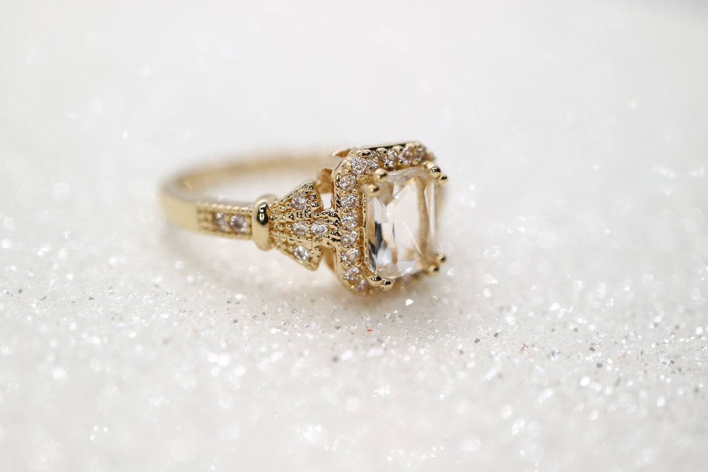 Vintage engagement ring, white sapphire and diamond ring, emerald cut sapphire engagement ring, wedding  Bridal anniversary gifts