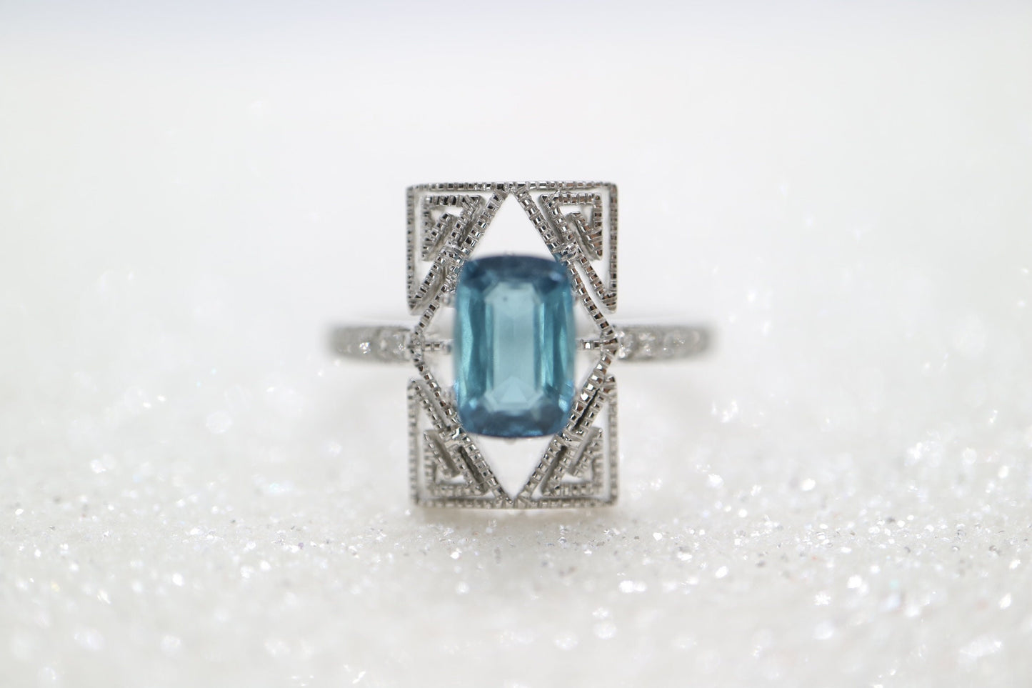 Art Deco blue tourmaline  and diamond ring in white gold setting, Tourmaline engagement ring, Emerald cut Toumaline wedding ring