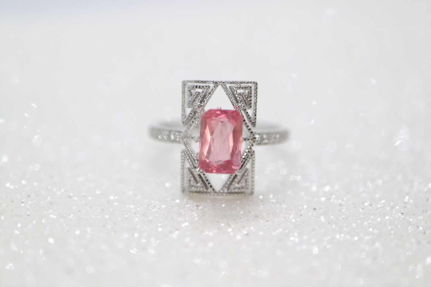 Art Deco natural pink tourmaline  and diamond ring, in white gold setting, Moissaninte engagement ring,Emerald cut tourmaline  wedding ring