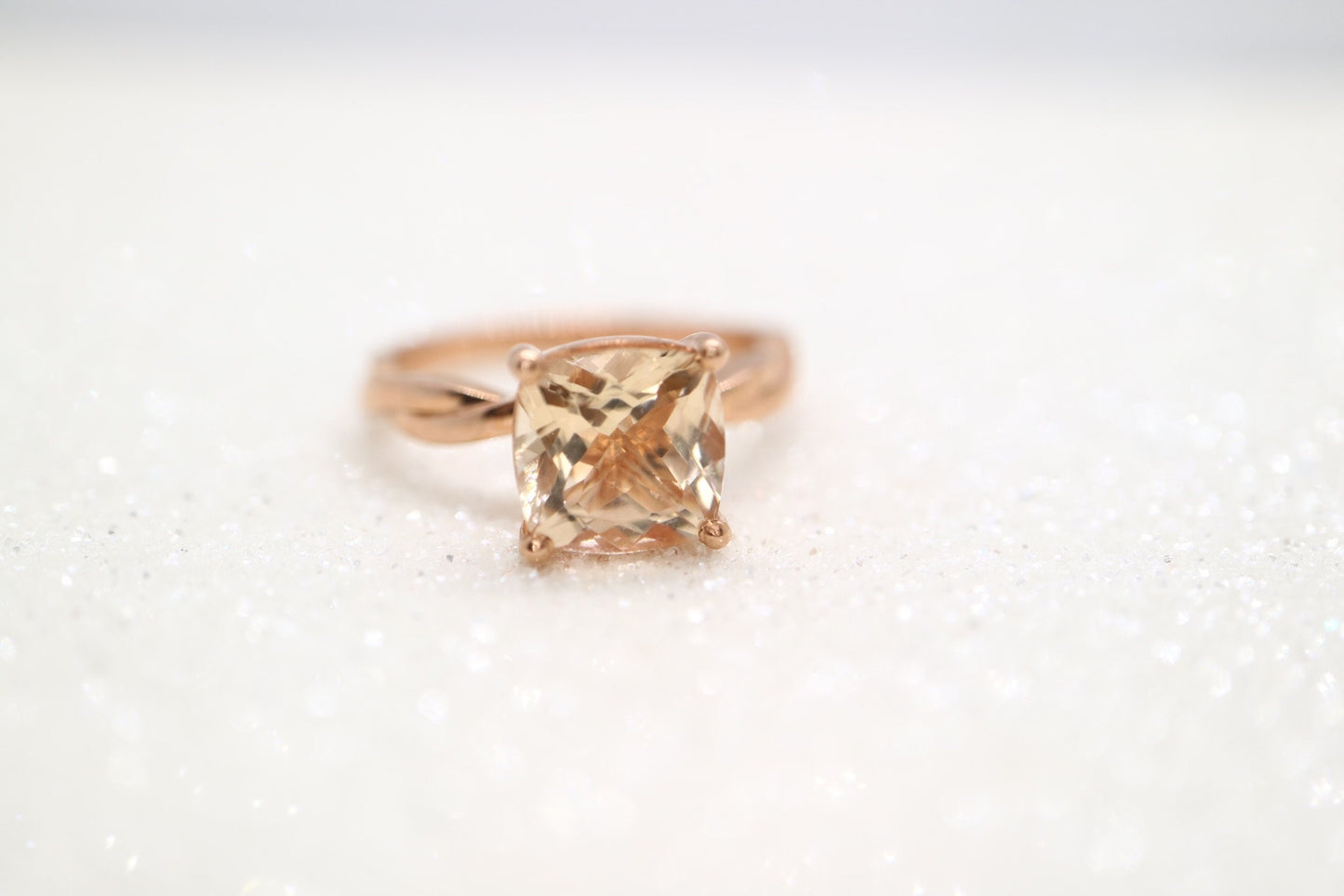 Morganite twist solid rose  ring, champagne  morganite  ring, Prong Setting ring gold, wedding ring, Promise Anniversary antique