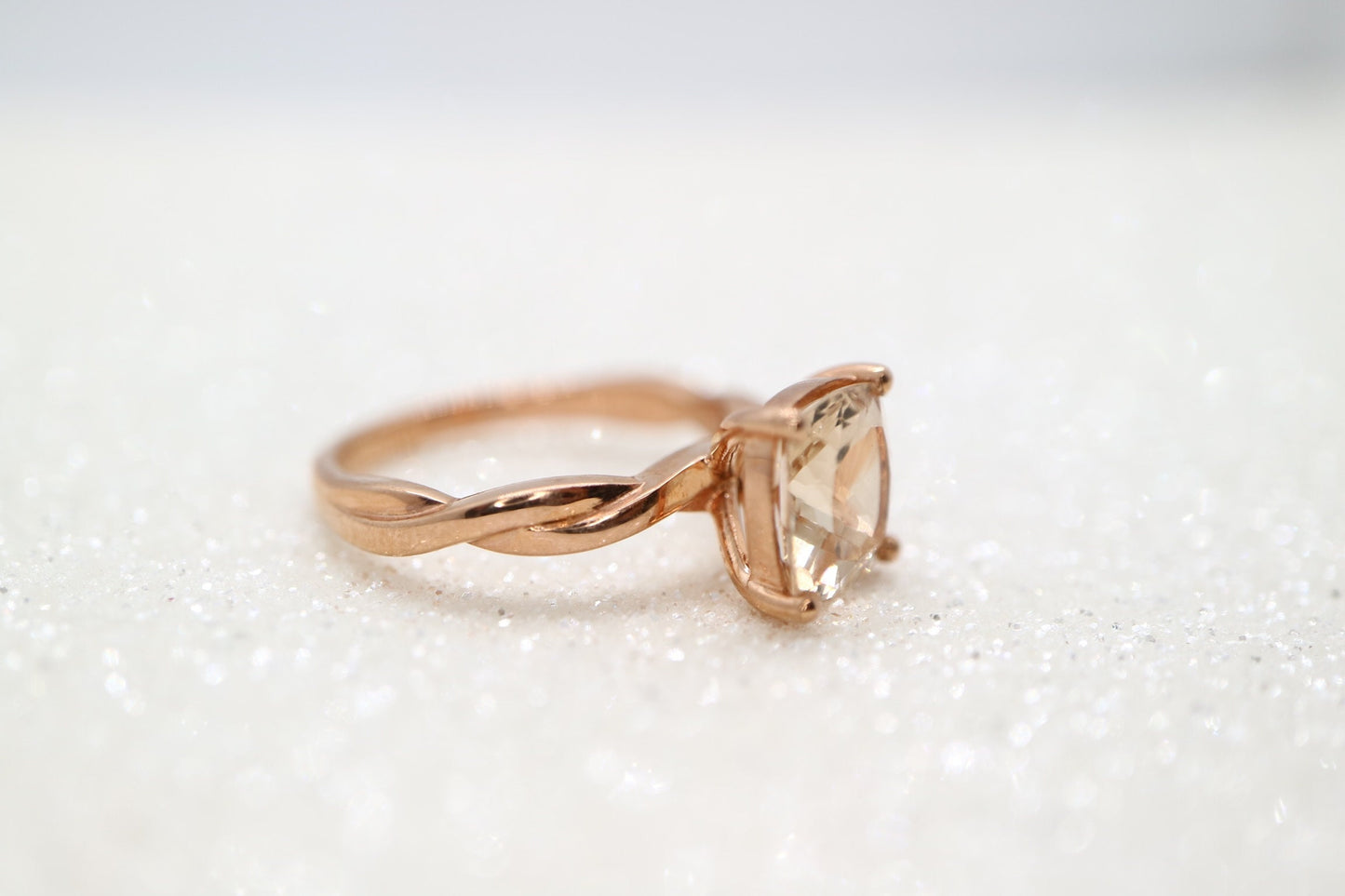 Morganite twist solid rose  ring, champagne  morganite  ring, Prong Setting ring gold, wedding ring, Promise Anniversary antique