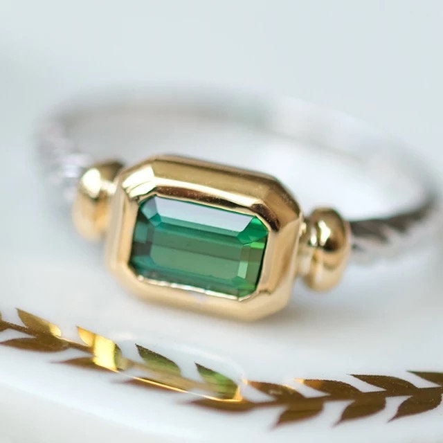 Emerald wedding ring, Twisted rope ring, Two tone ring, 14K white gold and 14k yellow gold