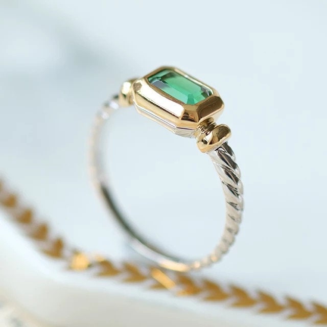 Emerald wedding ring, Twisted rope ring, Two tone ring, 14K white gold and 14k yellow gold