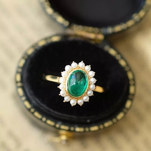 Vintage emerald ring with pearl halo, 14k yellow gold freshwater Pearl halo engagement ring, Anniversary gift, Promise ring