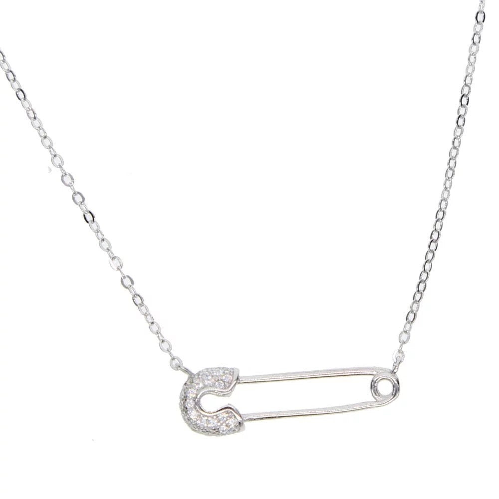 Micro Pave CZ safety pin silver necklace, Valentine’s gifts, 925 sterling silver, Made for her, Gifts for her