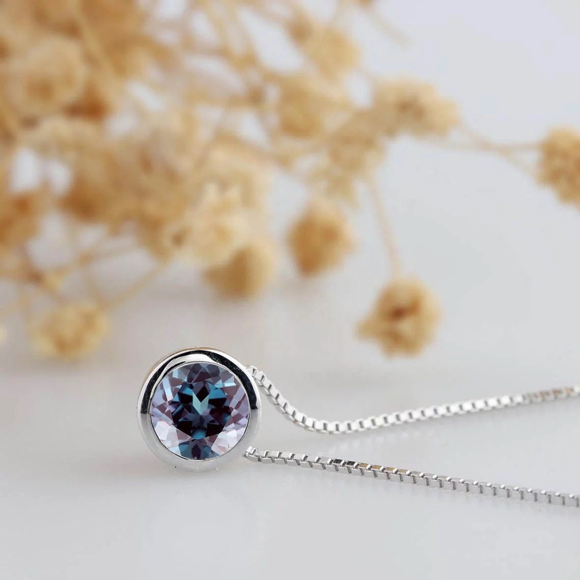 925 Sterling silver lab Alexandrite necklace, round Alexandrite necklace