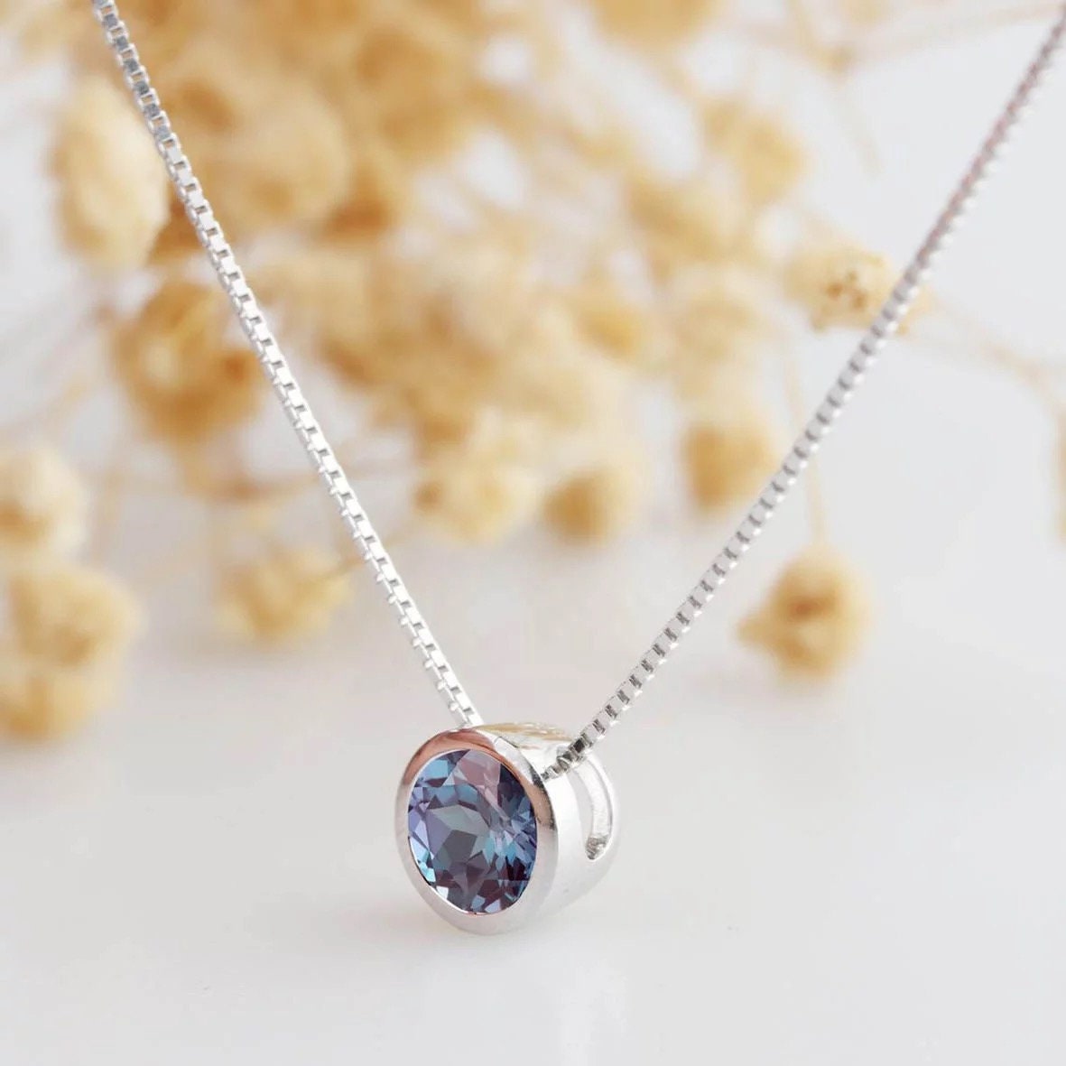 925 Sterling silver lab Alexandrite necklace, round Alexandrite necklace