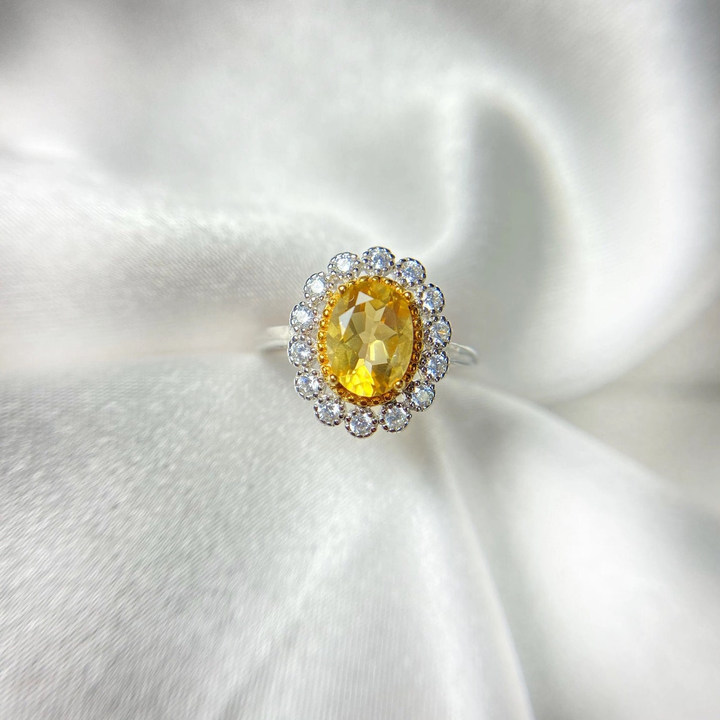 Oval Yellow citrine ring with floral moissanite diamond halo, Moissanite  Diamond halo engagement ring, Anniversary ring