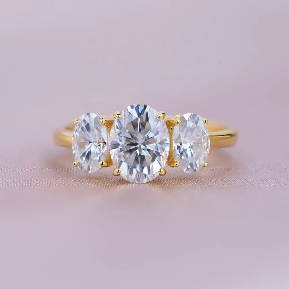 Moissanite  diamond Ring, triple stone ring, three stone engagement ring