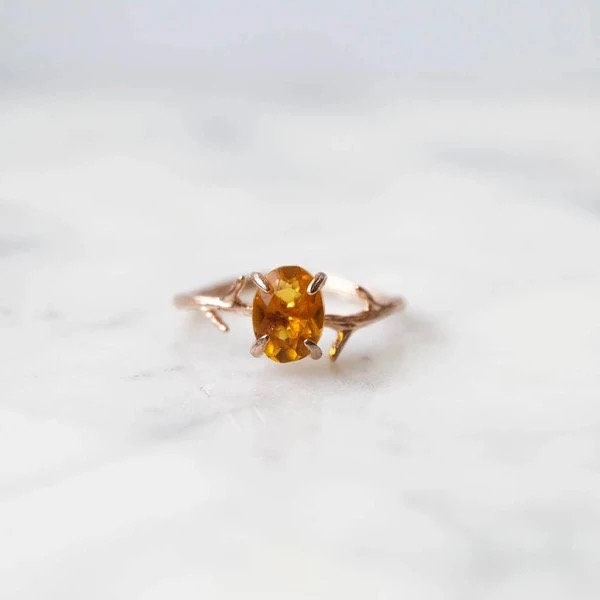 14k rose gold gemstone ring, Leaf rose gold engagement ring, Wedding ring, Anniversary ring