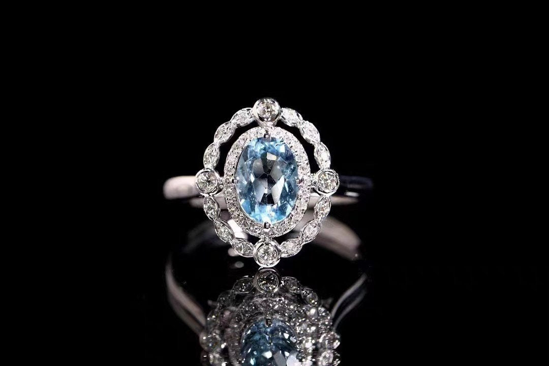 14k white gold aquamarine and moissanite diamond halo Engagement ring, Double halo engagement ring, Anniversary ring