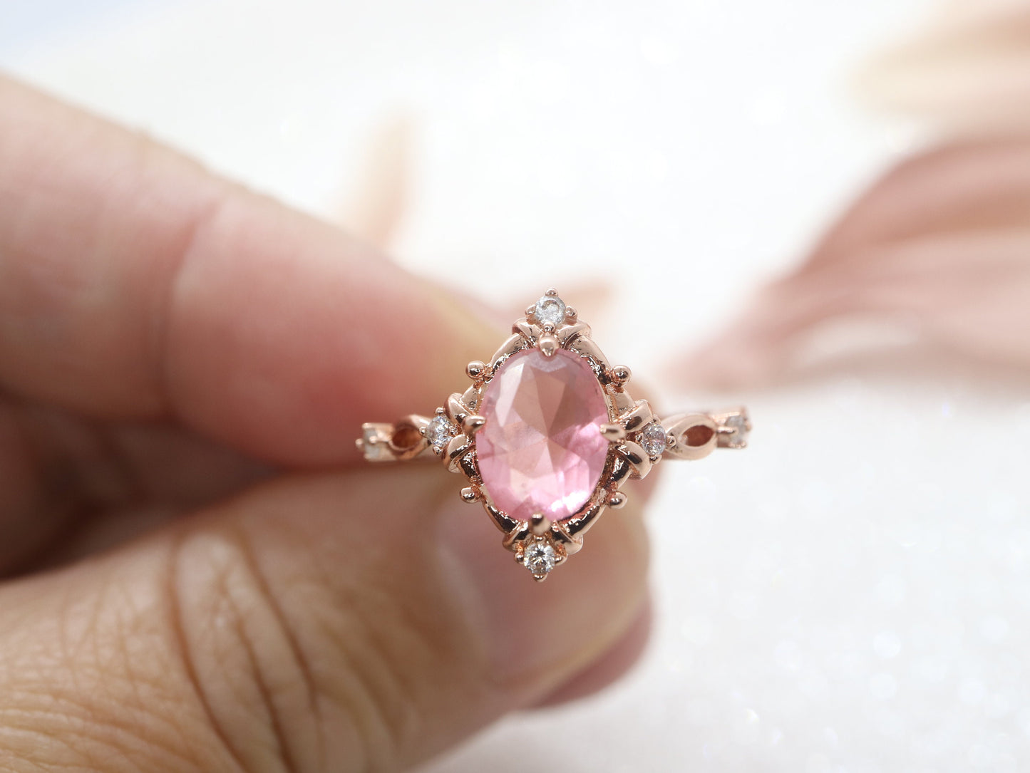 Vintage pink tourmaline engagement ring, Oval rose gold ring, Art deco wedding ring, Unique oval ring, Prong set ring, Bridal ring