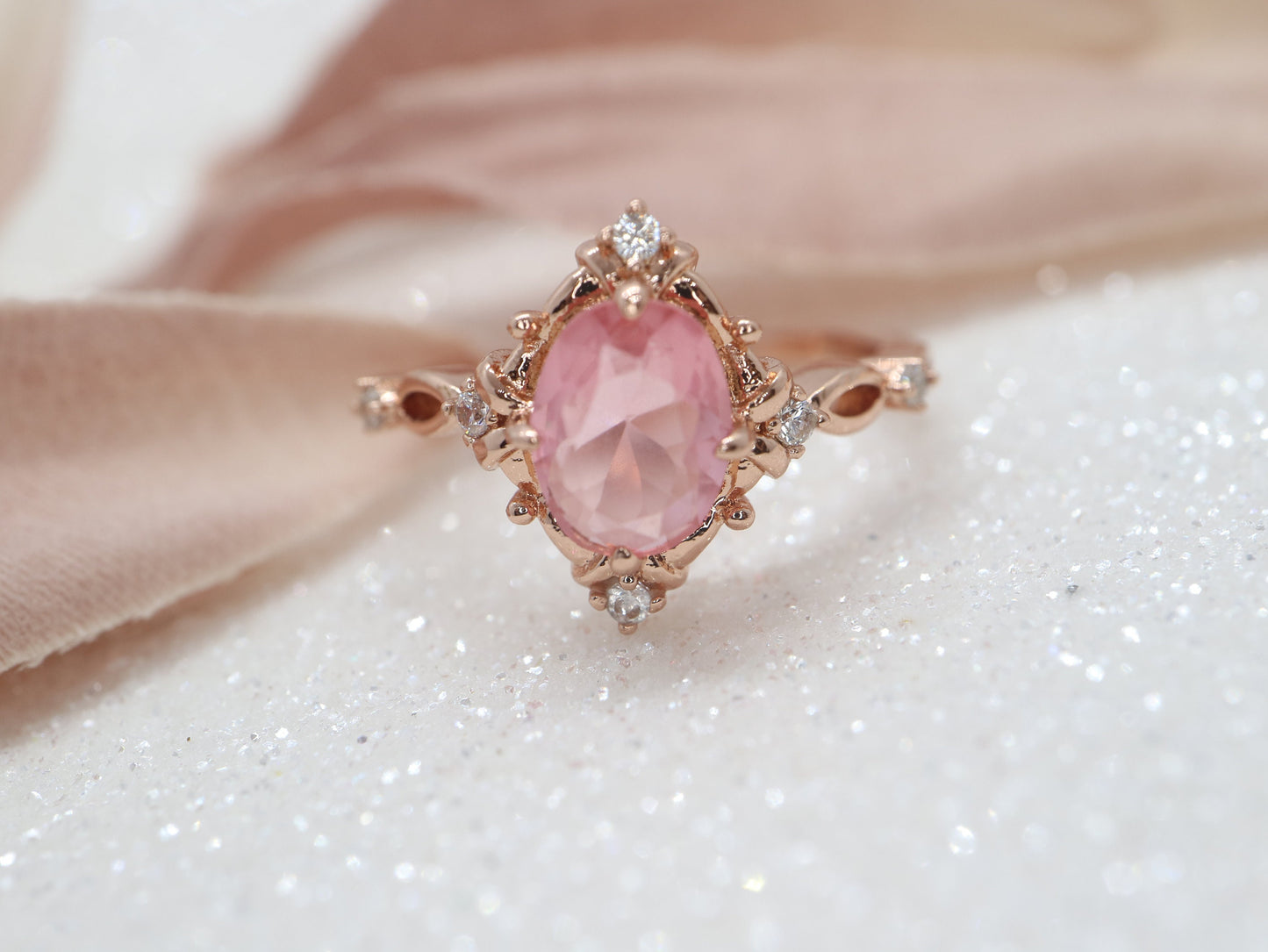 Vintage pink tourmaline engagement ring, Oval rose gold ring, Art deco wedding ring, Unique oval ring, Prong set ring, Bridal ring