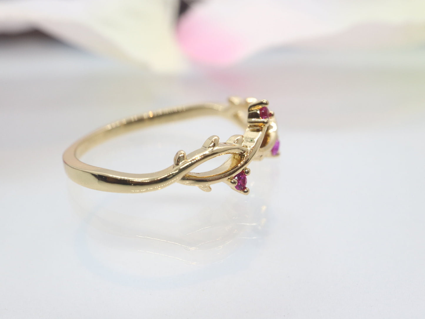 0.03 Carat ruby band, Ruby ring, Yellow gold band, Yellow gold  ring, Tree branch ring, Tree Branch band