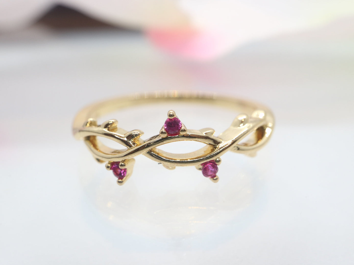 0.03 Carat ruby band, Ruby ring, Yellow gold band, Yellow gold  ring, Tree branch ring, Tree Branch band