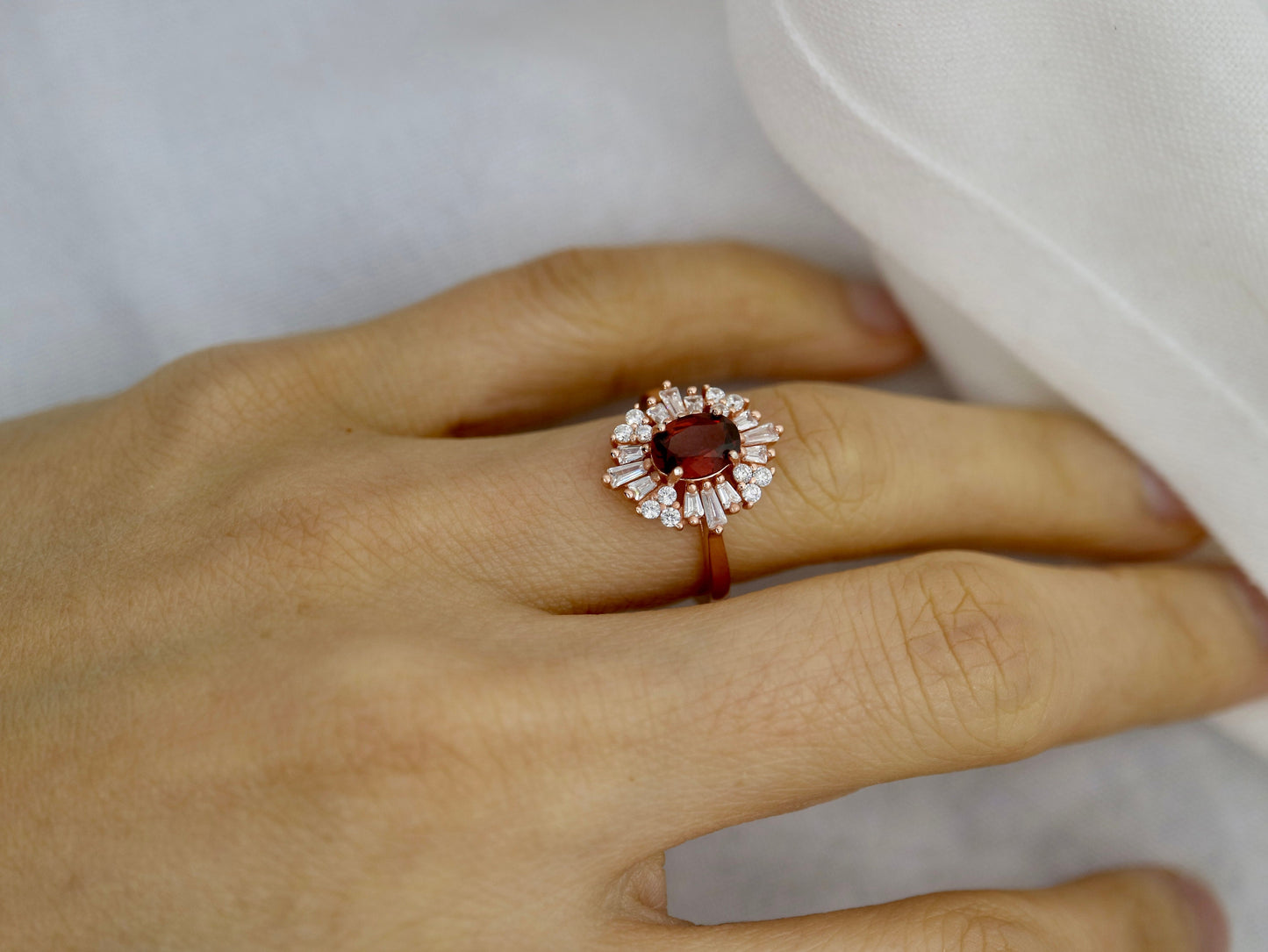 Art Deco garnet ring, Sterling silver starburst ring, vintage garnet and CZ ring, Red gemstone ring, Anniversary gift