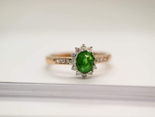 Tsavorite garnet diamond halo ring in rose gold, white gold. Engagement ring, Promise ring, October birthstone