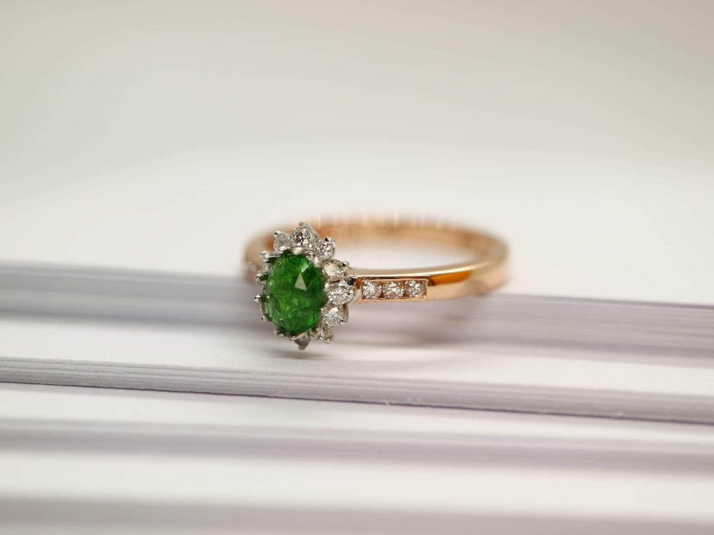 Tsavorite garnet diamond halo ring in rose gold, white gold. Engagement ring, Promise ring, October birthstone