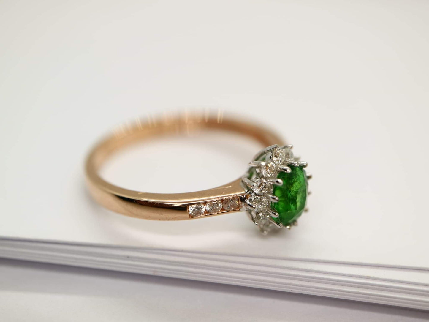 Tsavorite garnet diamond halo ring in rose gold, white gold. Engagement ring, Promise ring, October birthstone