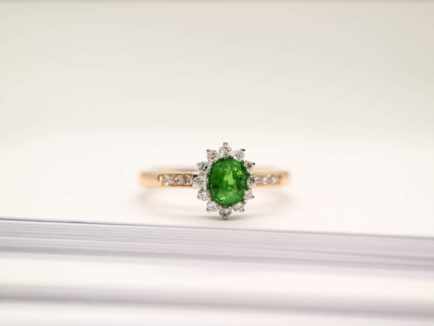 Tsavorite garnet diamond halo ring in rose gold, white gold. Engagement ring, Promise ring, October birthstone