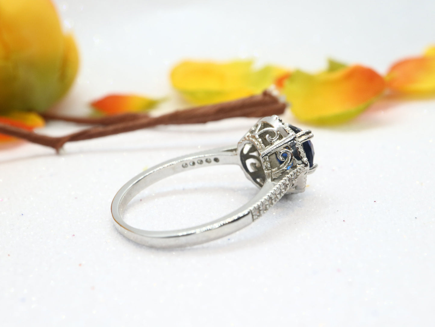 Hollow Rose flower shape cut engagement ring, Sapphire and diamond  ring, Vintage Diamonds Ring