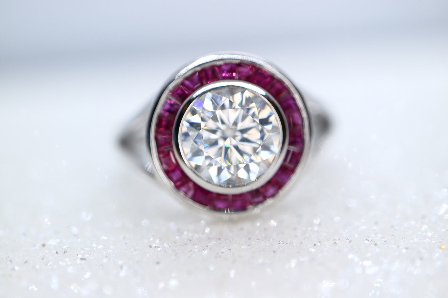 14k white gold with halo natural ruby, 1.5ct Moissanite Engagement Ring, natural diamond wedding band