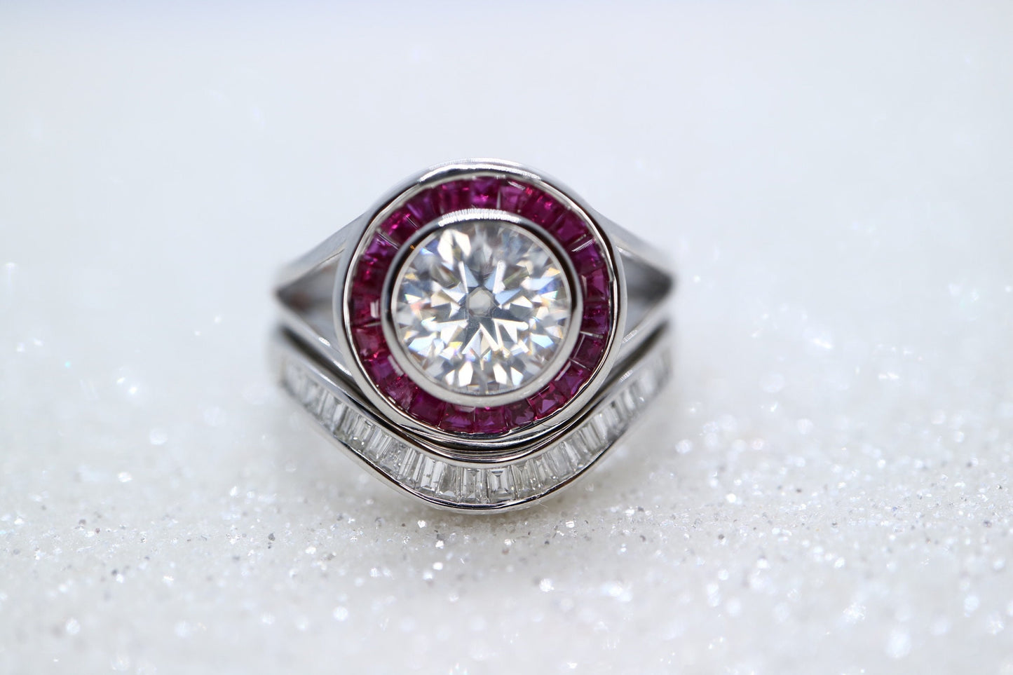 14k white gold with halo natural ruby, 1.5ct Moissanite Engagement Ring, natural diamond wedding band