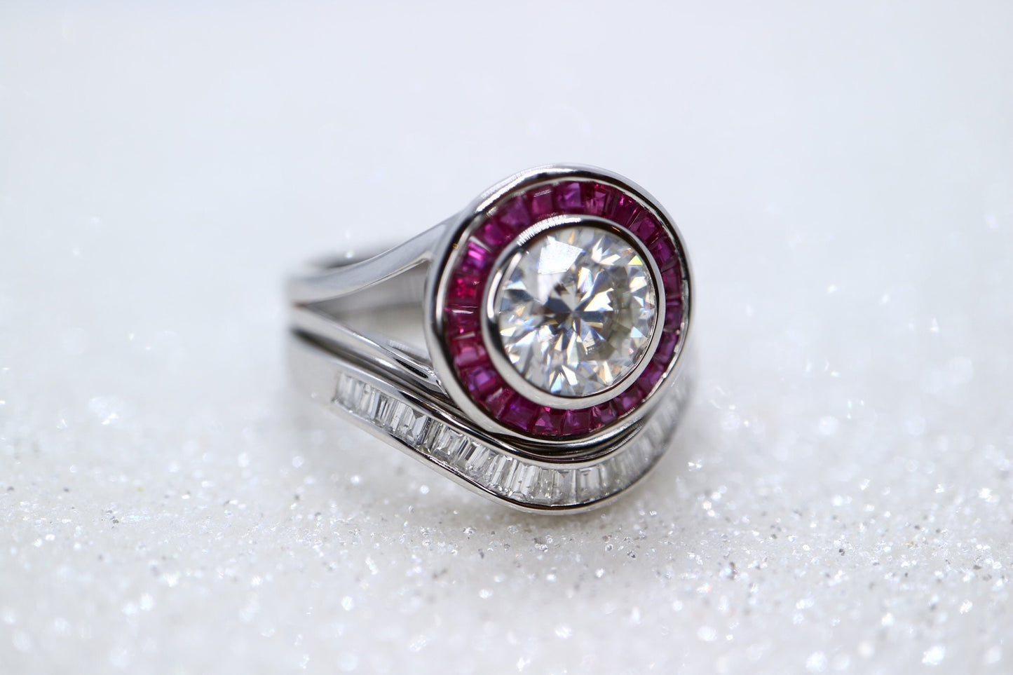 14k white gold with halo natural ruby, 1.5ct Moissanite Engagement Ring, natural diamond wedding band