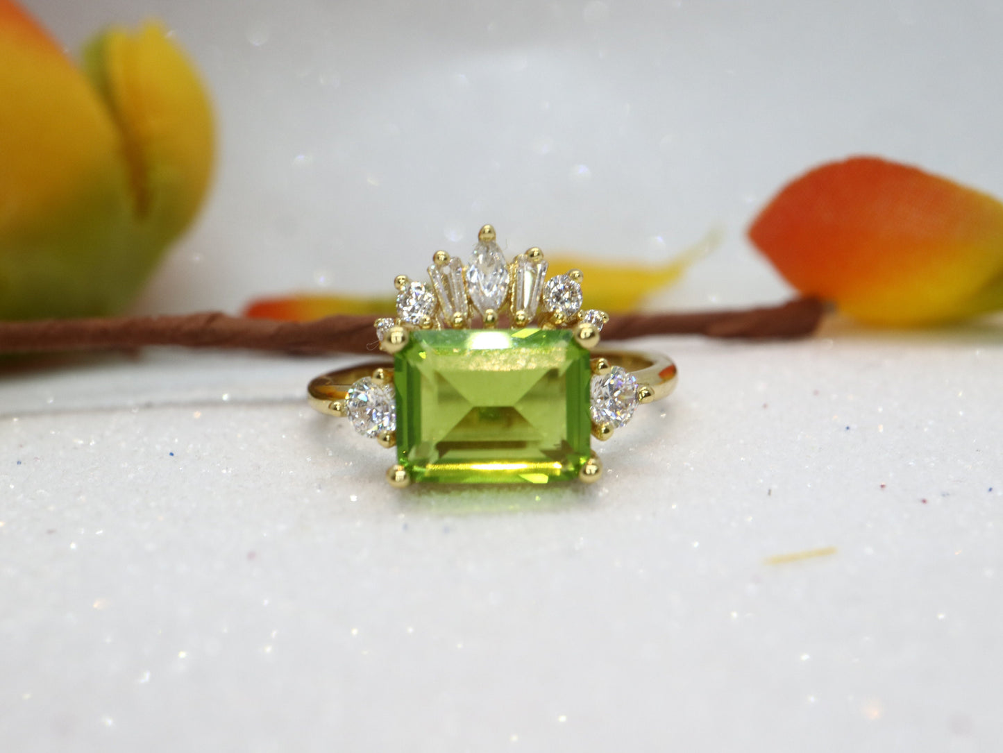 Anique tourmaline and  moissanite diamond engagement ring, Cluster moissanite diamond ring,Green gemstone engagement ring