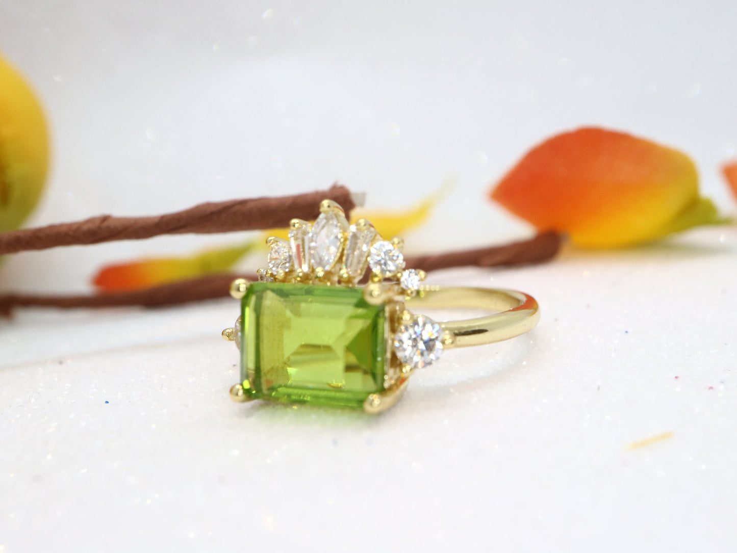 Anique tourmaline and  moissanite diamond engagement ring, Cluster moissanite diamond ring,Green gemstone engagement ring