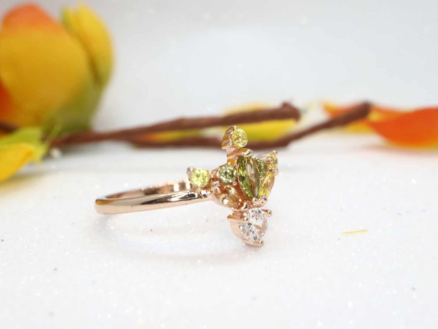 9k gold colorful gemstone engagement ring, Cluster gemstone unique ring for gift, Anniversary ring