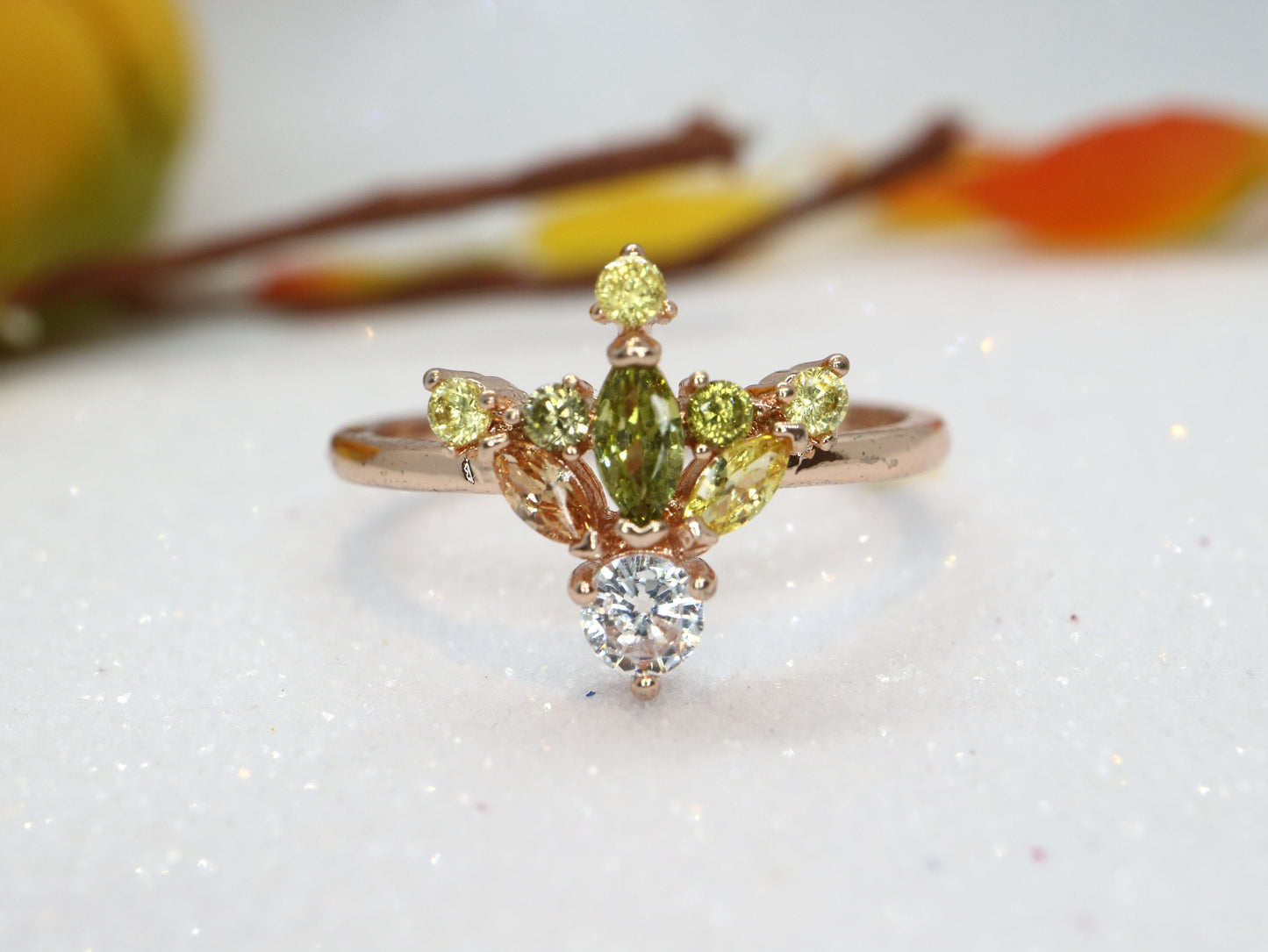 9k gold colorful gemstone engagement ring, Cluster gemstone unique ring for gift, Anniversary ring