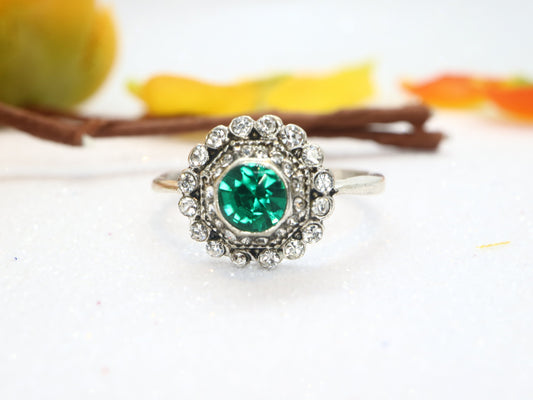 Edwardian style  moissanite diamond engagement ring, Vintage flower emerald engagement ring, Unique engagement ring