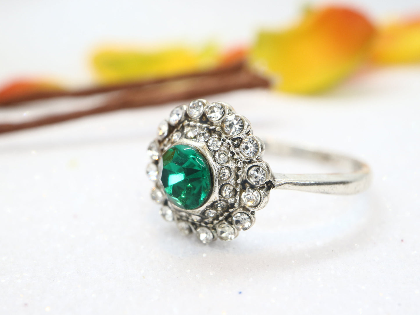 Edwardian style  moissanite diamond engagement ring, Vintage flower emerald engagement ring, Unique engagement ring