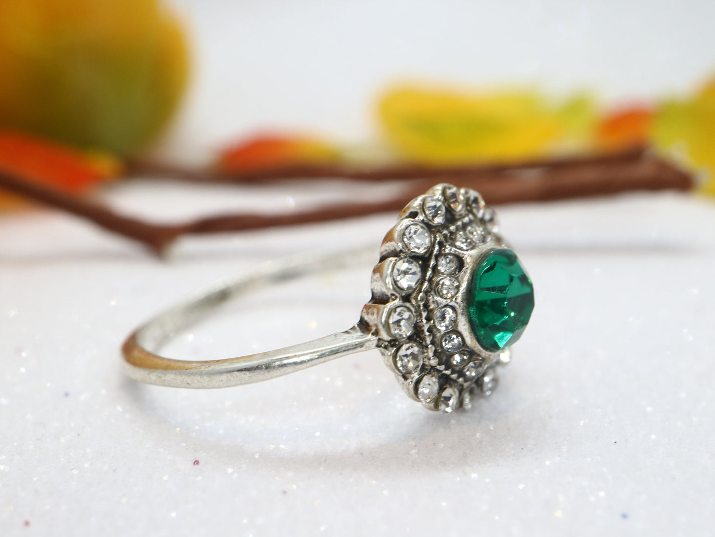 Edwardian style  moissanite diamond engagement ring, Vintage flower emerald engagement ring, Unique engagement ring