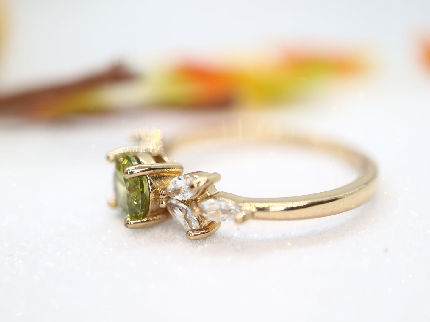 Peridot and diamond ring, Wedding ring, 14k Yellow gold peridot engagement ring, Marquise diamond accents, Flower peridot diamond ring