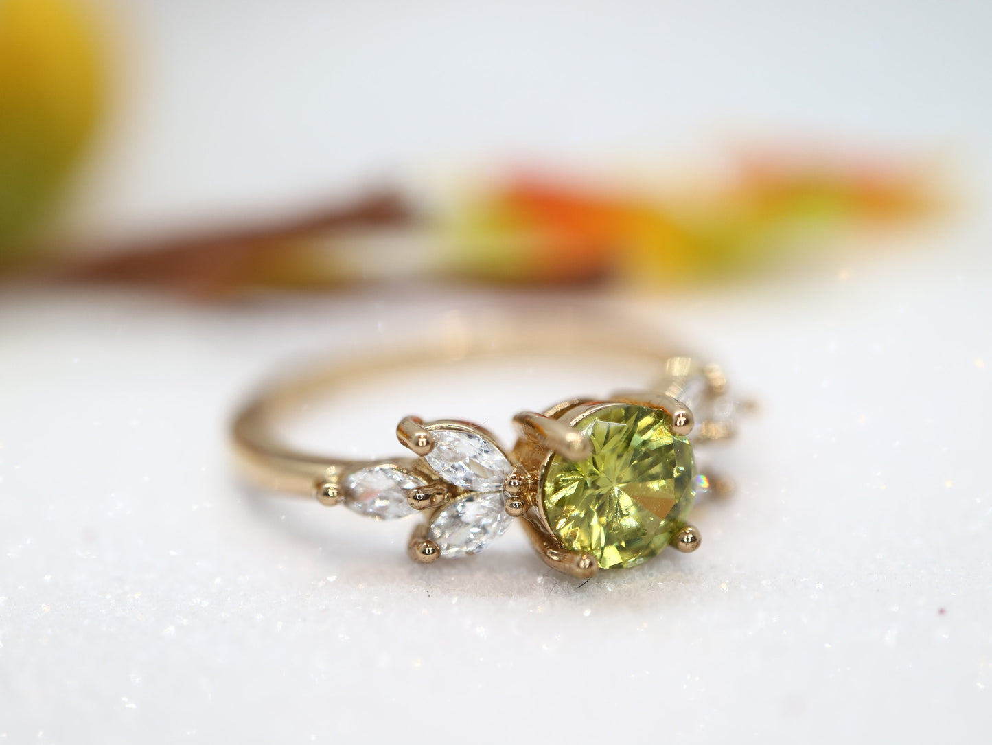 Peridot and diamond ring, Wedding ring, 14k Yellow gold peridot engagement ring, Marquise diamond accents, Flower peridot diamond ring