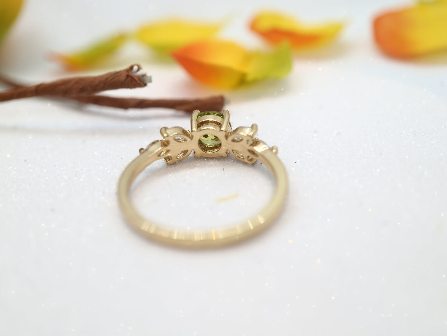 Peridot and diamond ring, Wedding ring, 14k Yellow gold peridot engagement ring, Marquise diamond accents, Flower peridot diamond ring