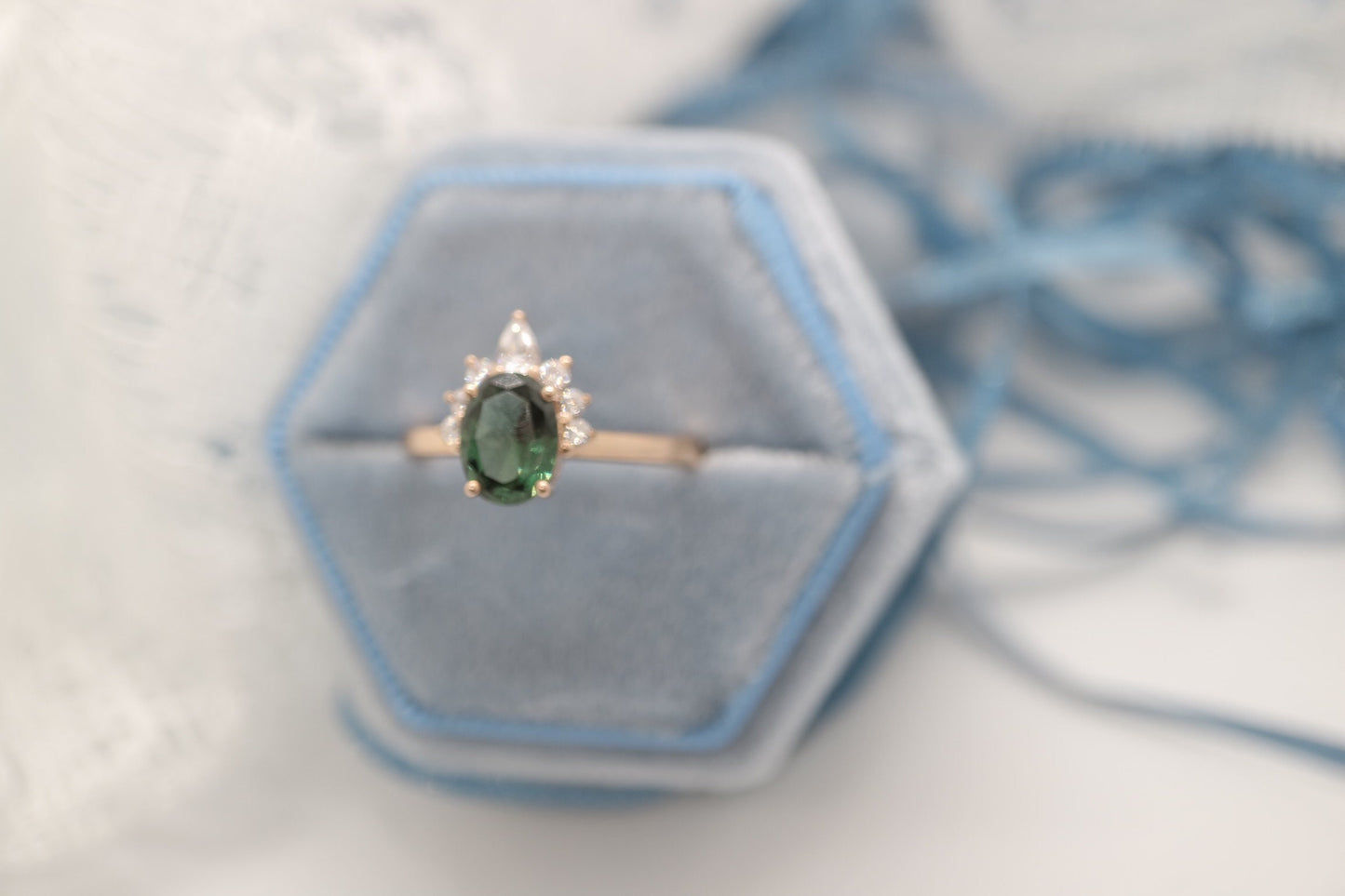 Oval sapphire engagement ring, Green sapphire diamond ring, Rose gold sapphire ring with diamond crown