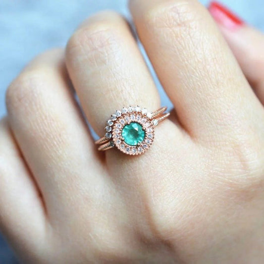 14K rose gold round cut lab grown emerald ring set, Emerald bridal set