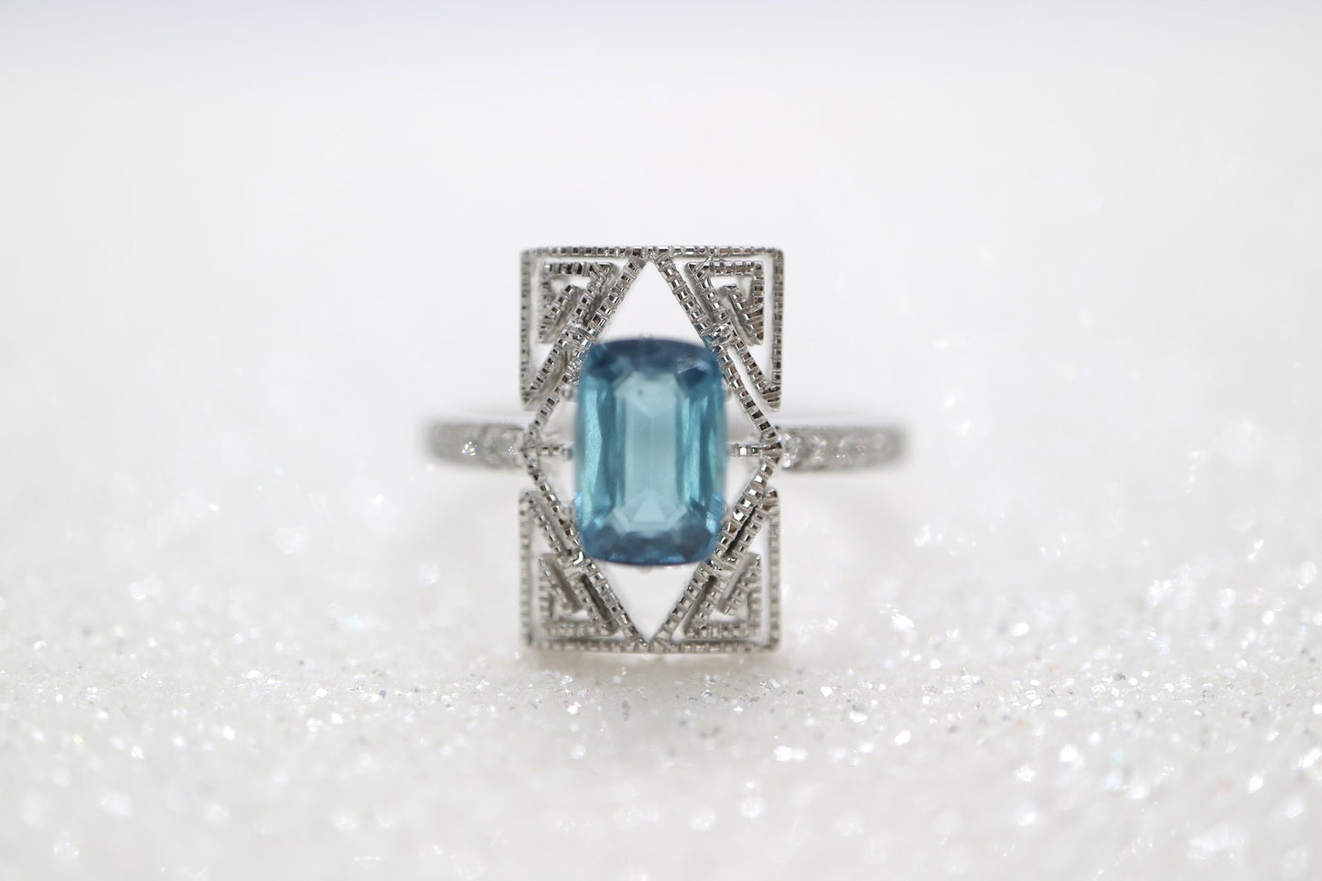 Art Deco blue tourmaline  and diamond ring in white gold setting, Tourmaline engagement ring, Emerald cut Toumaline wedding ring