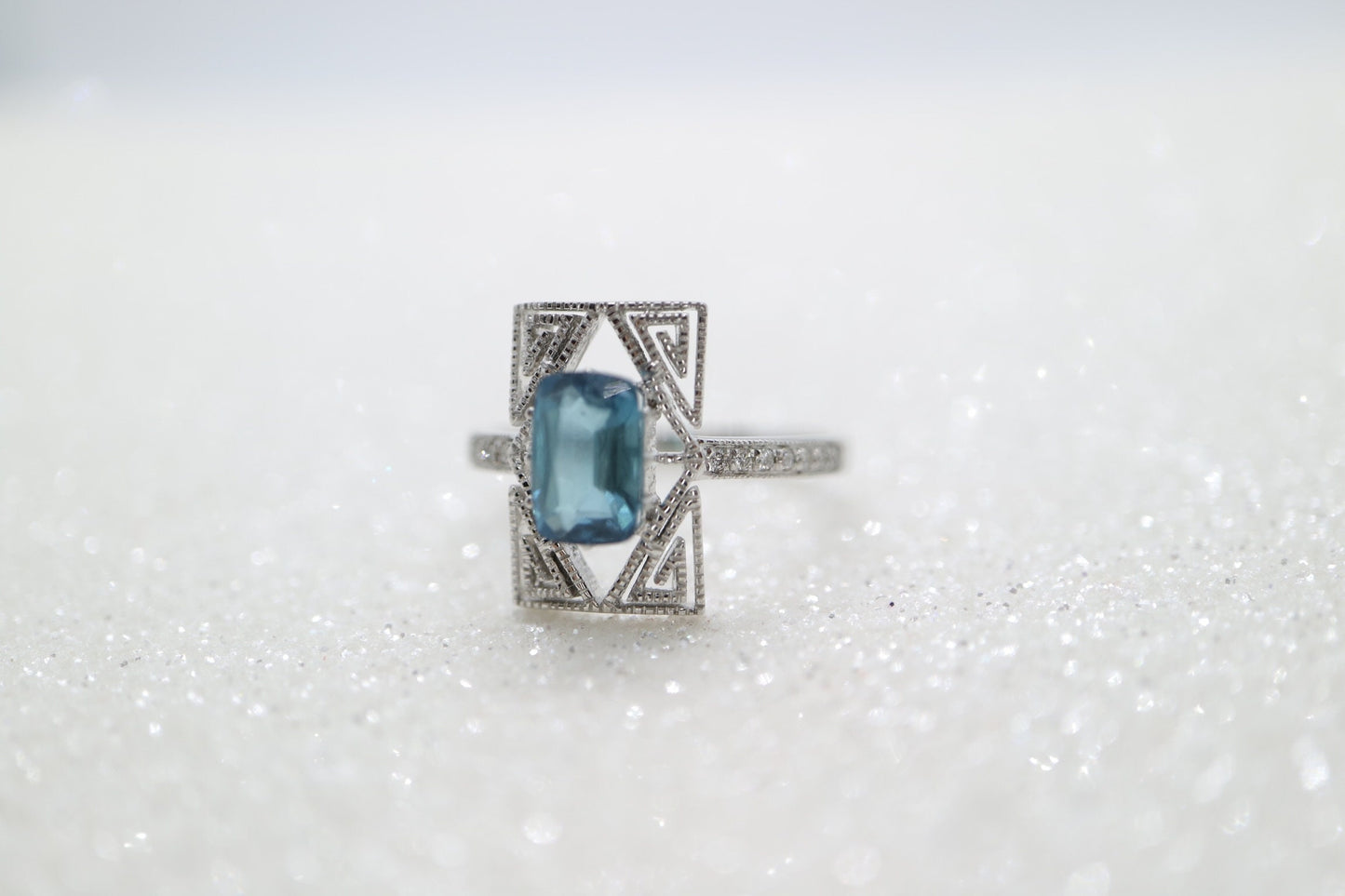 Art Deco blue tourmaline  and diamond ring in white gold setting, Tourmaline engagement ring, Emerald cut Toumaline wedding ring