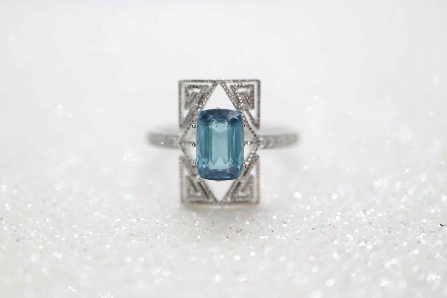 Art Deco blue tourmaline  and diamond ring in white gold setting, Tourmaline engagement ring, Emerald cut Toumaline wedding ring