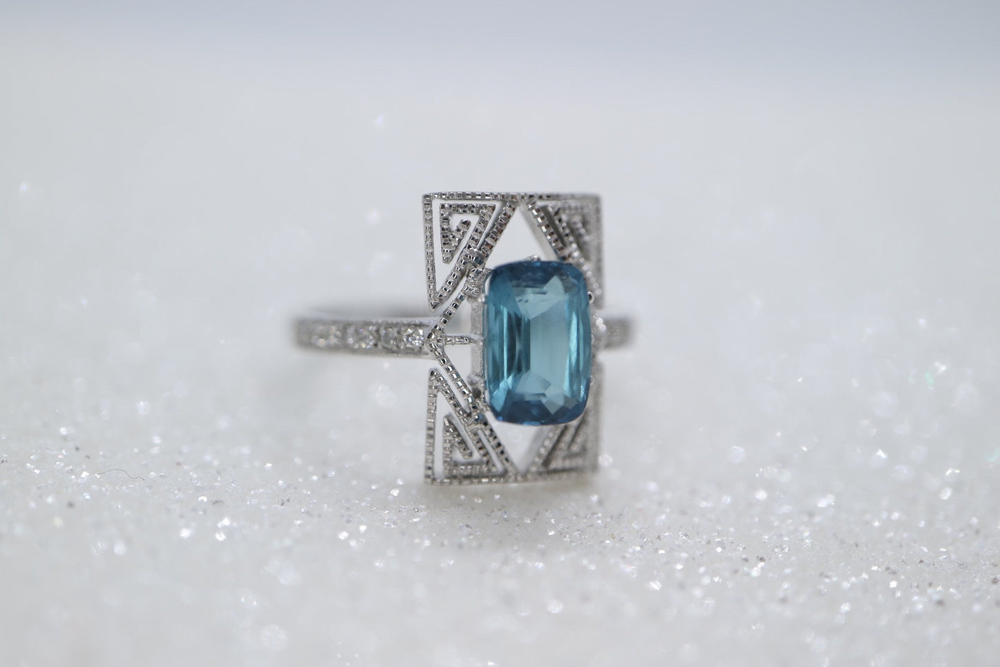 Art Deco blue tourmaline  and diamond ring in white gold setting, Tourmaline engagement ring, Emerald cut Toumaline wedding ring